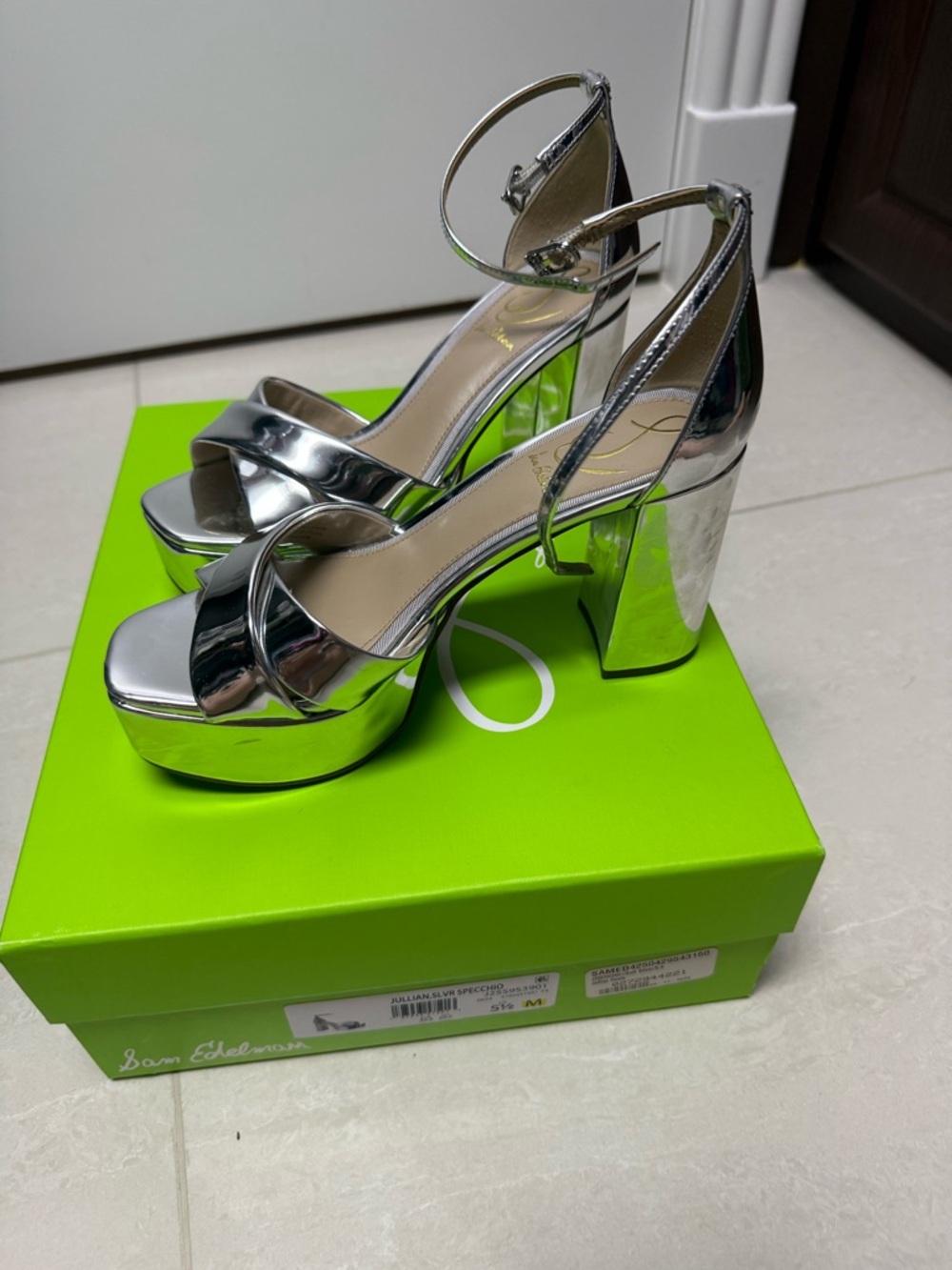 Sam Edelman Silver Mirror Platform Block Heel Sandals